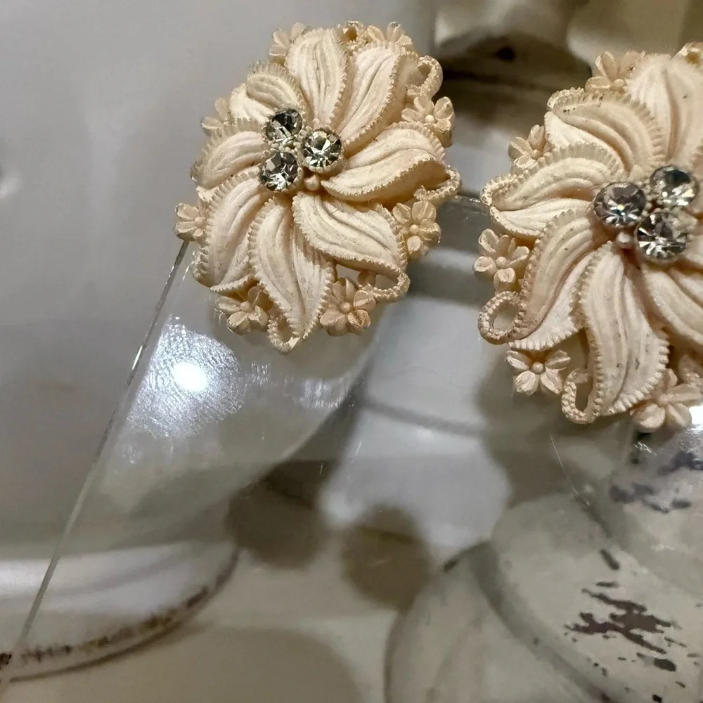 Vintage Celluloid Floral Clip Earrings with Rhinestones